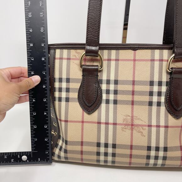 Burberry Brown Beige Haymarket Check Canvas Regent Grommet Tote Bag Double Strap - Picture 15 of 16